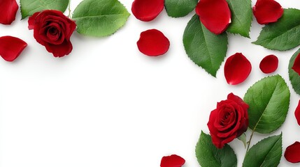 A white background with red roses and green leaves. The roses are scattered around the background, with some of them being larger and more prominent than others. Scene is romantic and elegant