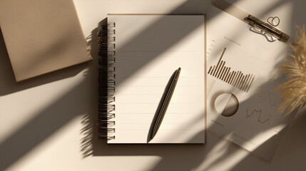 Elegant workspace with notebook, pen, graphs, and soft shadows