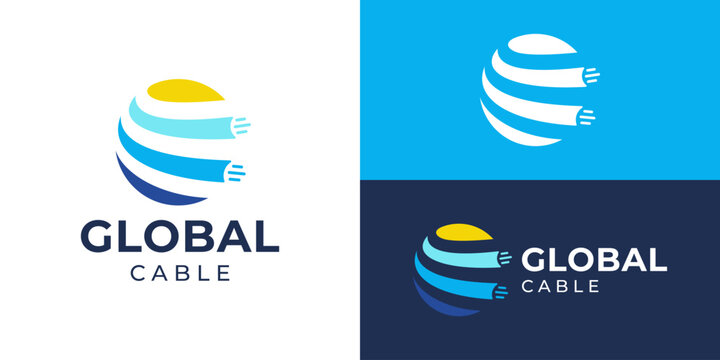 Creative simple global cable logo template. Globe with optic cable logo design vector illustration.
