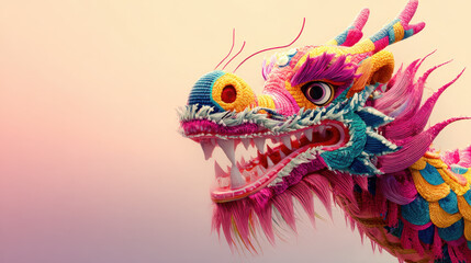 Fototapeta premium Majestic Dragon: A vibrant, ornately crafted dragon statue against a soft, gradient background. Capturing the essence of cultural heritage and fantastical wonder.