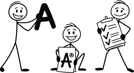 Happy stick figures celebrate excellent academic achievements with an A grade and a completed checklist