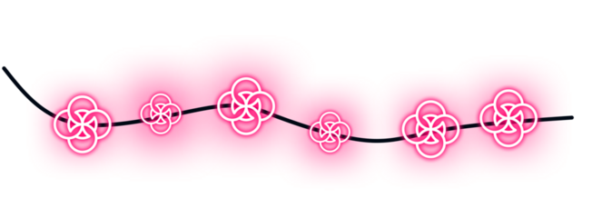 A series of interconnected pink neon lights form intricate flower-like patterns along a black cable