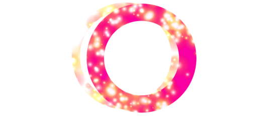 Colorful circular graphic with a pink base, adorned with shining, luminous spots in white and yellow