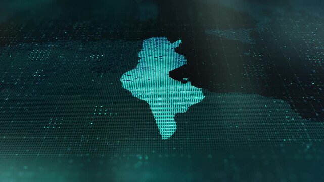 Tunisia digital map animation stock footage. Showing innovation in tech, technology AI sector.