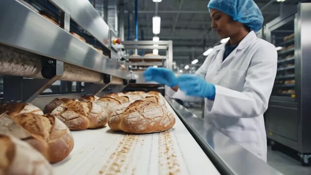 Bakery Production Process with Workers Handling Fresh Breads in a Modern Factory