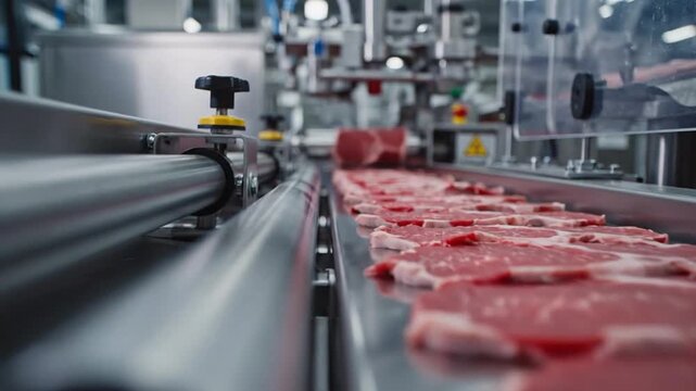 Meat Processing Conveyor Line in Modern Factory Manufacturing Workflow