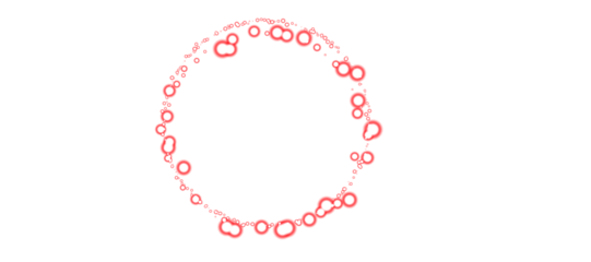 A circular pattern composed of red, translucent bubbles on a white background. The bubbles vary in size