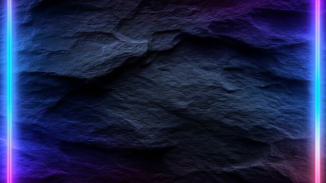 Abstract illuminated rock texture background with neon lights and copy space