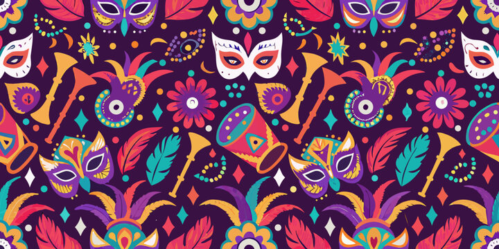 Colorful carnival masks flowers and musical instruments on a vibrant purple background