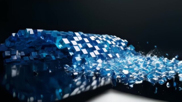 Abstract Wave Shatters Into Cubes on Dark Reflective Surface