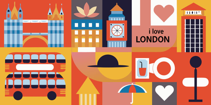 Colorful illustration of iconic london landmarks and symbols in a geometric style