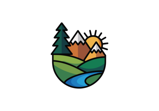 Natural landscape in the flat style logo PNG, Lake, meadows and the mountains design Transparent Background - Powered by Adobe