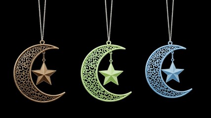 Crescent Moon Pendant Set: Three ornate filigree necklaces in bronze, green, and blue, star charm, isolated on black background, Islamic jewelry, Ramadan and Eid gift concept