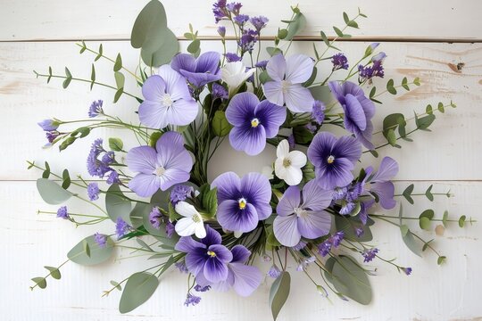 Pansy and eucalyptus wreath on white wood background