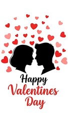 Happy valentines day silhouette of loving couple with hearts