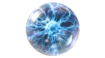 Glowing electric plasma sphere with blue lightning energy arcs futuristic science abstract macro studio render isolated on white background