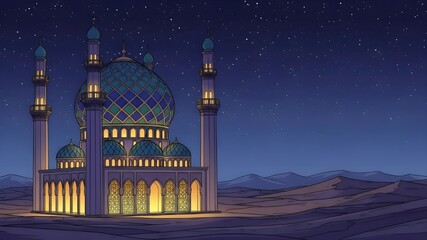 Blue Dome Mosque Illustration: Intricate geometric patterned masjid, tall minarets, starry night sky, desert mountain landscape, traditional Islamic architecture, Ramadan spiritual concept