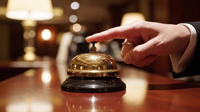 Animated sequence of hand pressing a vintage reception bell in a cozy hotel