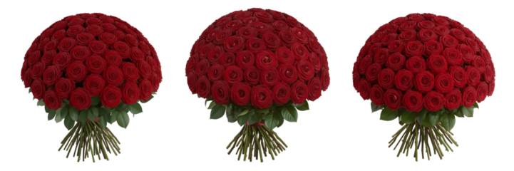 Three red flower bouquets with green leaves isolated on transparent background