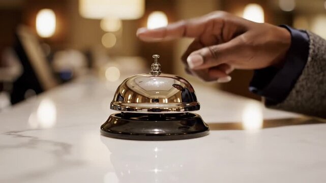 Person Presses Hotel Concierge Bell in Elegant Reception Area
