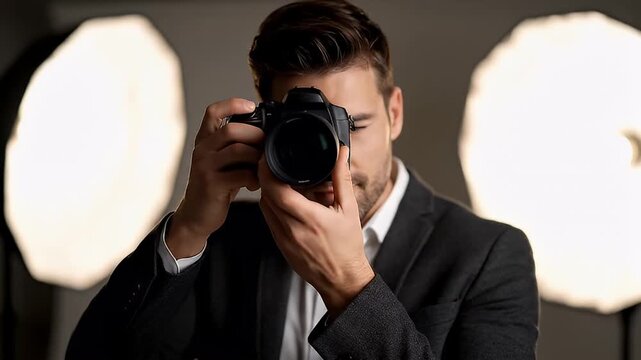 Professional Male Photographer in Studio with Softbox Lights Holding Camera.