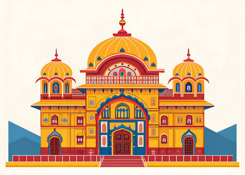 Badrinath Temple facade, minimal vector design, bright sacred colors