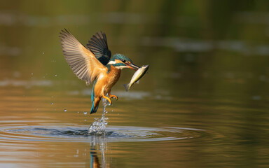 Female kingfisher bird rising from water with fish in its beak