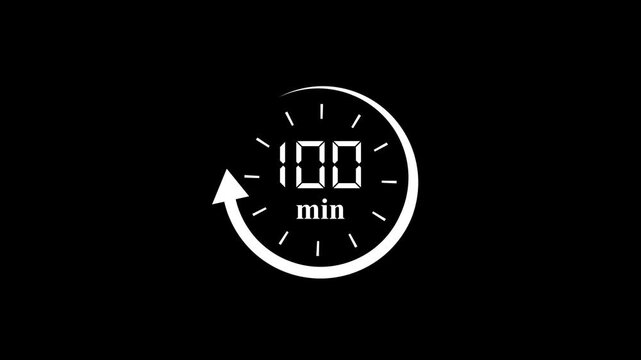 100 Minutes Clock Animation with Circular Arrow Loop on Black Background for Time Management and Deadline.