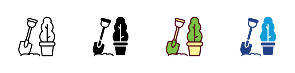 Obraz premium Landscaping Multiple Style Icon Design Vector - Shovel and potted plant, representing garden design, outdoor maintenance, and land preparation