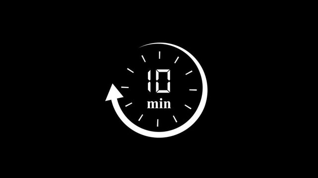 10 Minutes Clock Animation with Circular Arrow Loop on Black Background for Time Management and Deadline.
