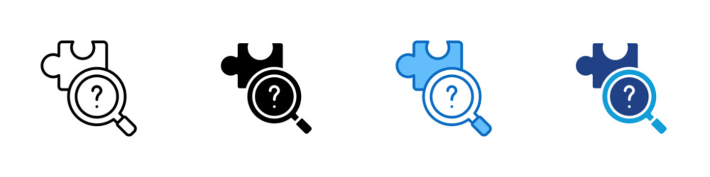 Problem Identification Multiple Style Icon Design Vector - Puzzle piece with magnifying glass and question mark, representing issue detection, analysis, and root cause discovery