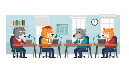 Anthropomorphic animal characters including wolves and bears engaged in office work typing on laptops at desks with lamps and computers in a bright modern workspace with blue