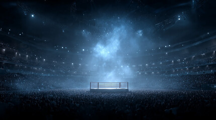 Wide shot , a boxing stage in the big arena with soft smoke effect blue color tone look amazing , action mood.