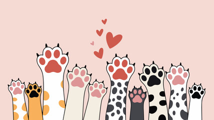 Many Cat Paws Raised Up Against Pink Background kitten © Kumot Roy