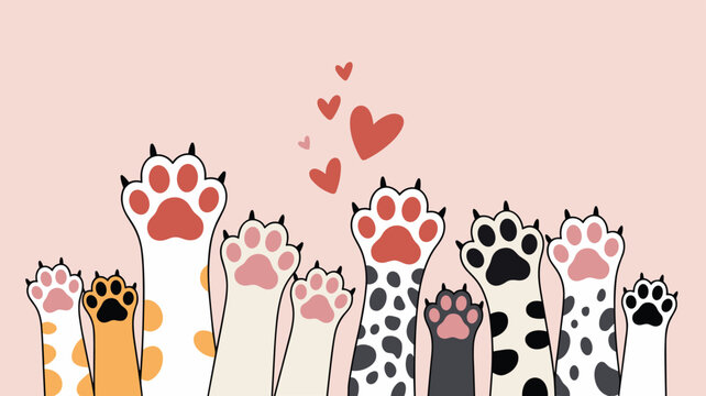 Many Cat Paws Raised Up Against Pink Background kitten
