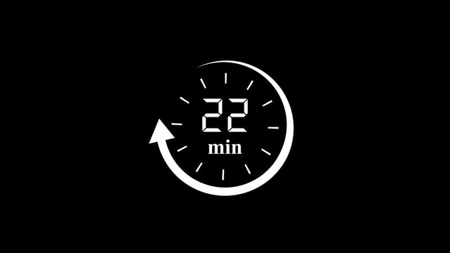 22 Minutes Clock Animation with Circular Arrow Loop on Black Background for Time Management and Deadline.