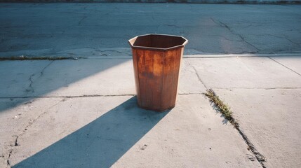 Naklejka premium Tall, cylindrical trash can standing on a concrete surface. the trash can is made of metal and appears to be old and weathered, with a rusted finish.