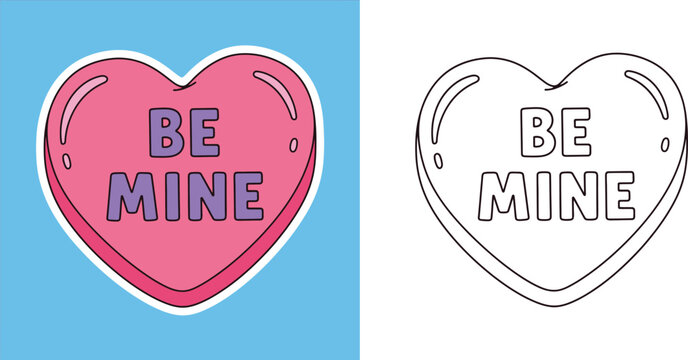 Be Mine text on pink heart sticker and coloring page vector illustration for Valentine's day