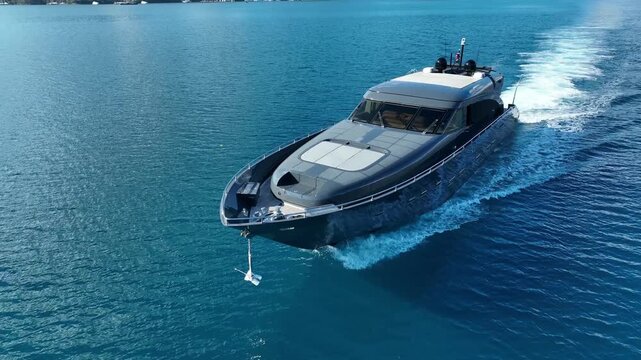 Luxury Yacht Sailing on Turquoise Waters: A sleek, modern yacht cuts through the crystal-clear waters, showcasing the ultimate in luxury and travel. The azure ocean reflects the sunlight