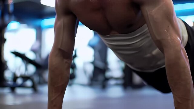 Man doing pushups in a gym with blue lights.