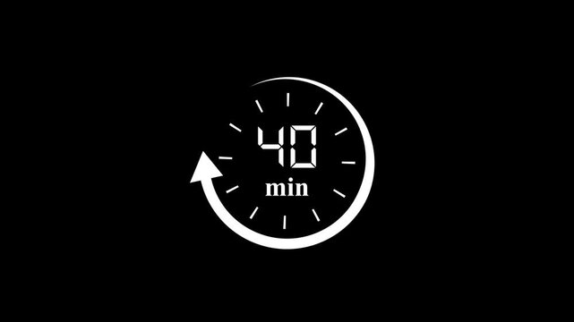 40 Minutes Clock Animation with Circular Arrow Loop on Black Background for Time Management and Deadline.
