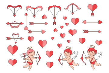 Valentine's day cupid and heart elements isolated on transparent background
