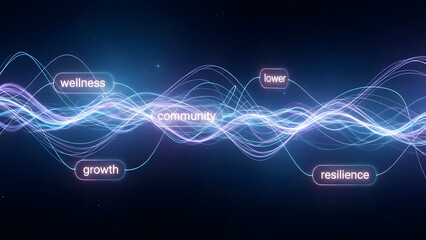 Abstract visualization of glowing nodes and flowing light paths connecting across a dark background. The nodes represent interconnected ideas, written as subtle glowing words