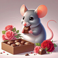 Cute little gray mouse nibbling on a piece of valentine chocolate