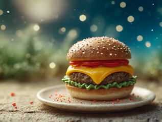 Plastic burger on plate in kitchen Generative AI