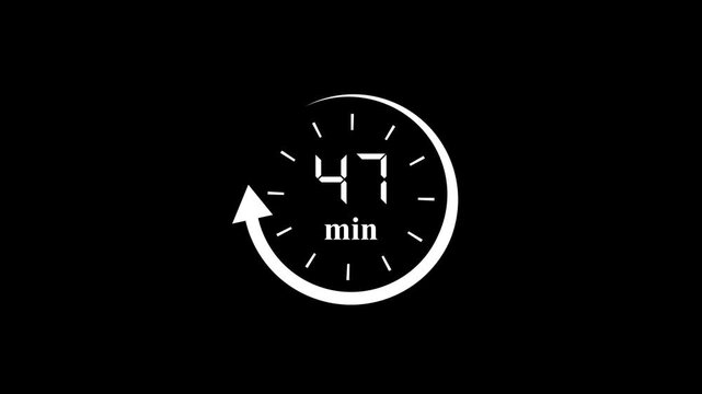 47 Minutes Clock Animation with Circular Arrow Loop on Black Background for Time Management and Deadline.
