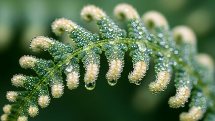 Extreme close-up of morning dew droplets on unfurling fern fronds. Soft, diffused natural light creates a dreamy quality. The texture is sharp with subtle bokeh background