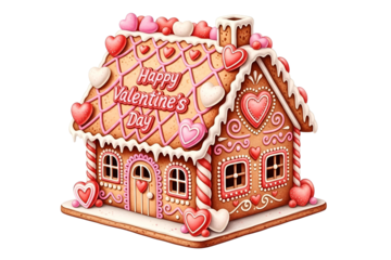 Gingerbread house with happy valentine's day message isolated on transparent background