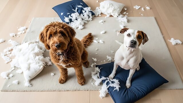 Two dogs sitting on floor with destroyed pillows destruction mess fluffy