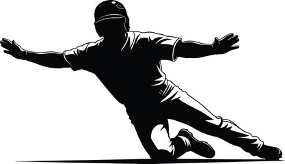 A black and white vector graphic depicting a baseball player performing a dramatic slide into base © Simu Store